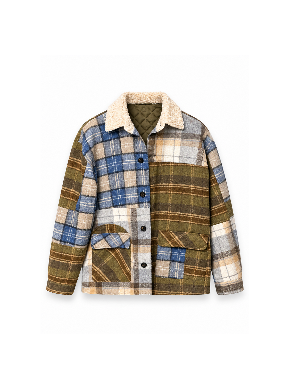 Karierte Space Cowboy Patchworkjacke mit Teddykragen – Vorderansicht