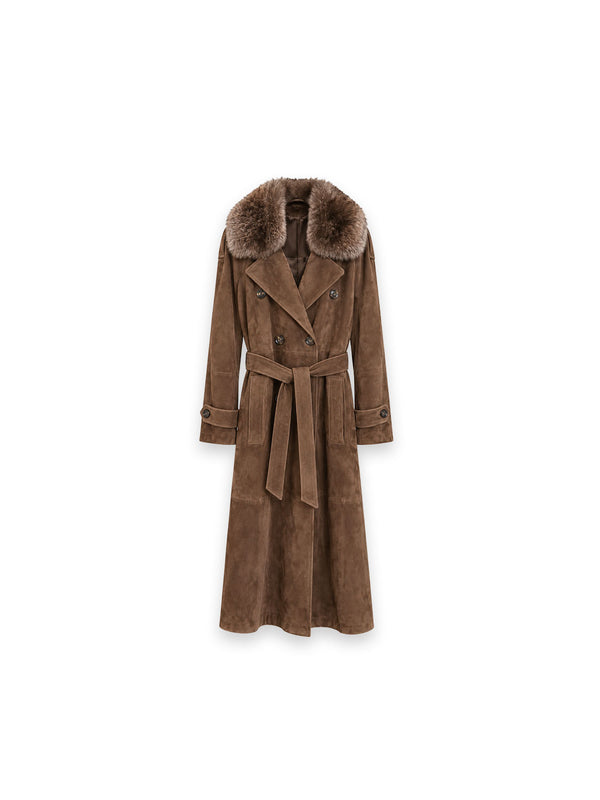 Long Suede Coat – Eleganter Fellkragen & Bindegürtel