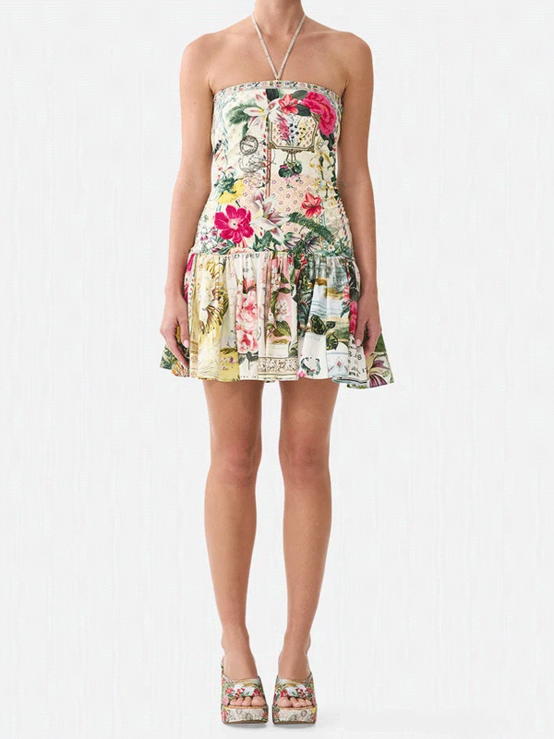 Trägerloses Jersey-Minikleid mit Saumvolant und botanischem Print