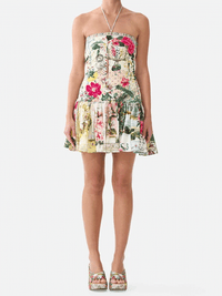 Trägerloses Jersey-Minikleid mit Saumvolant und botanischem Print