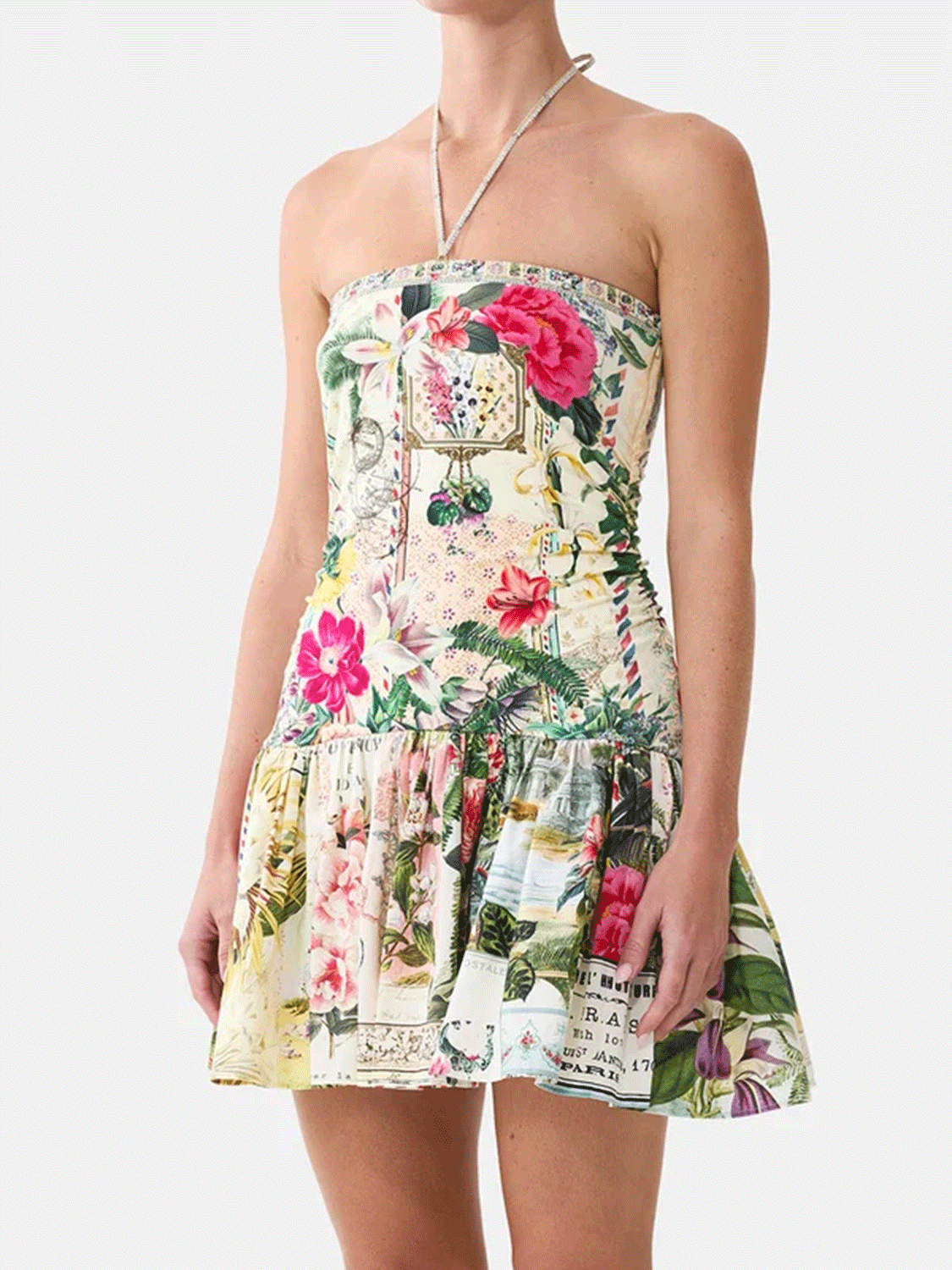 Trägerloses Jersey-Minikleid mit Saumvolant und botanischem Print