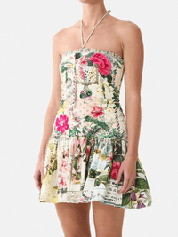 Trägerloses Jersey-Minikleid mit Saumvolant und botanischem Print