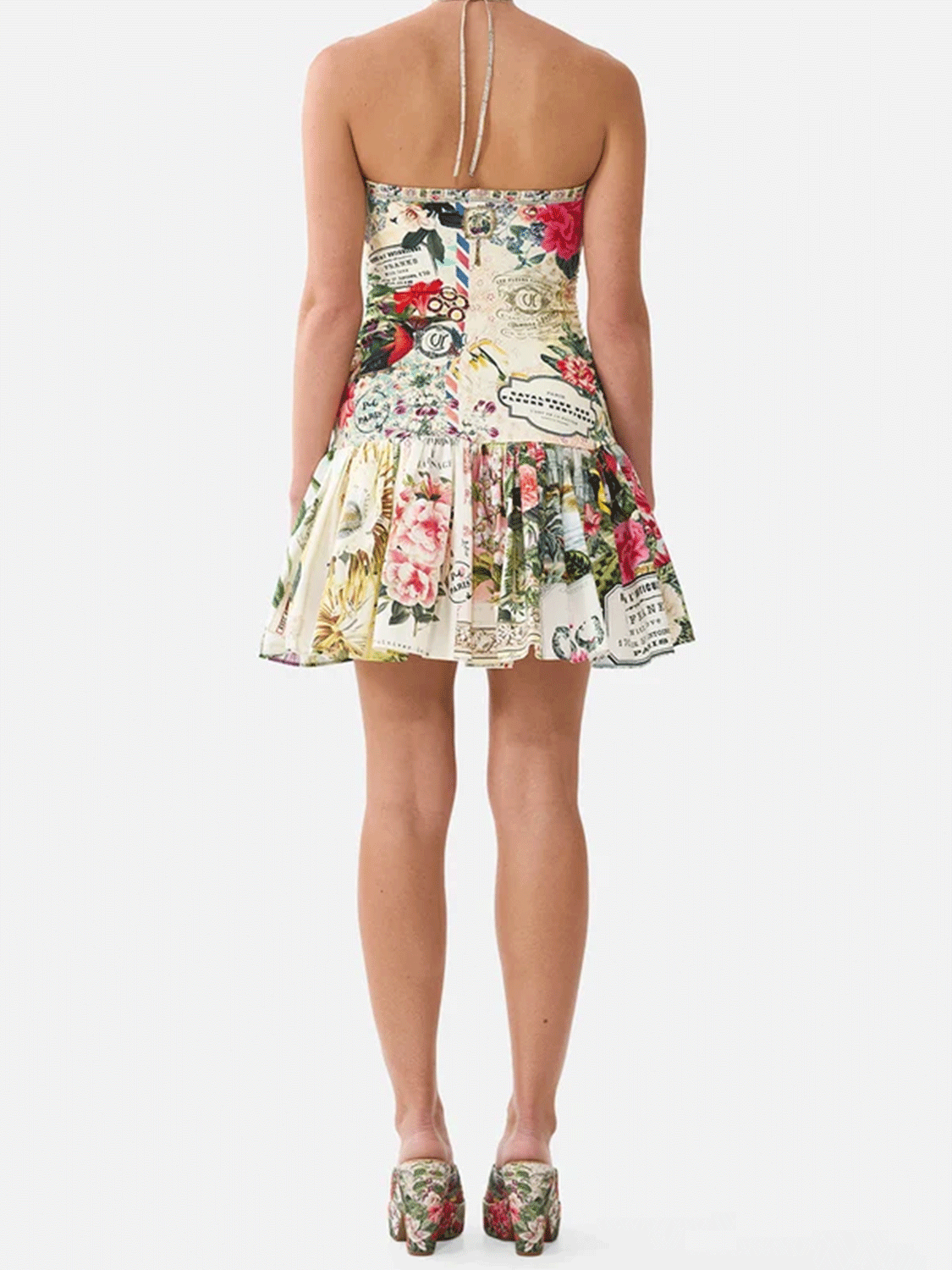 Trägerloses Jersey-Minikleid mit Saumvolant und botanischem Print