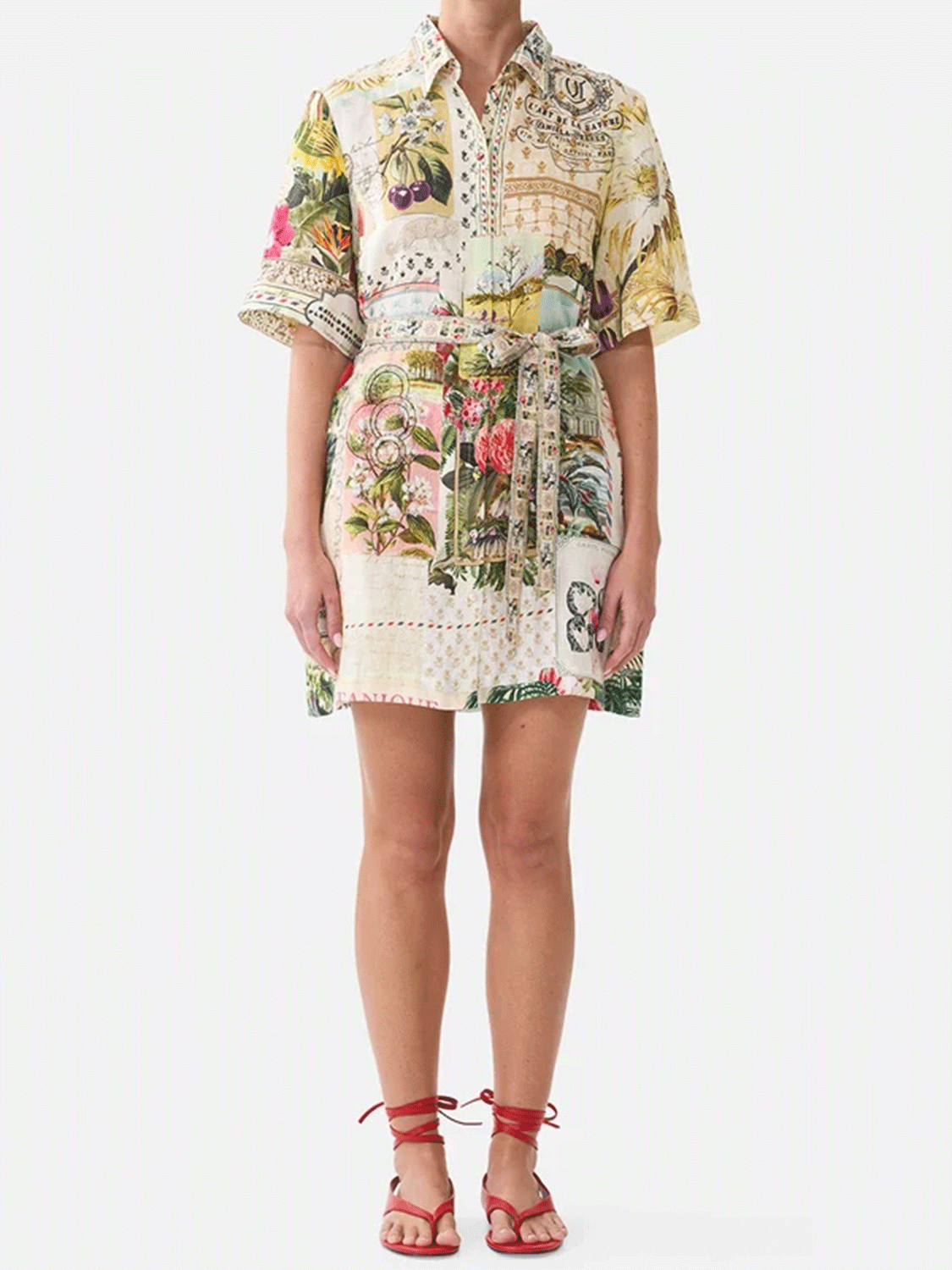 Leinen-Hemdkleid mit Bindegürtel und botanischem Print
