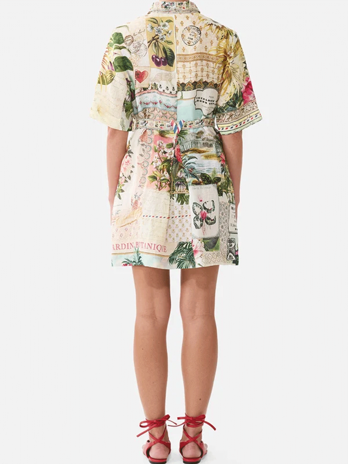 Leinen-Hemdkleid mit Bindegürtel und botanischem Print