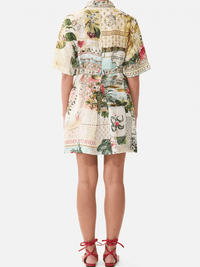 Leinen-Hemdkleid mit Bindegürtel und botanischem Print