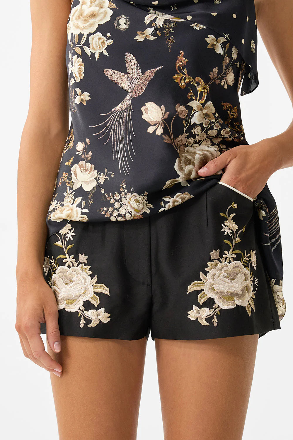 Embroidered Silk Shorts – Midnight Bloom