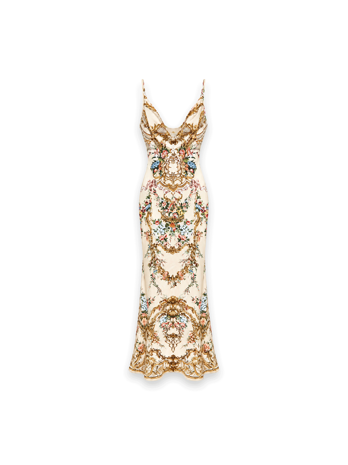 Seidenkleid mit Wasserfallausschnitt und floralem Ornamentprint