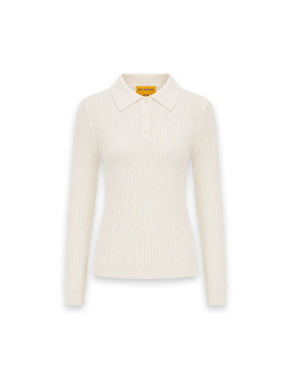 L/S Shrunken Pullover – Feinstrick mit Polokragen & Knopfleiste