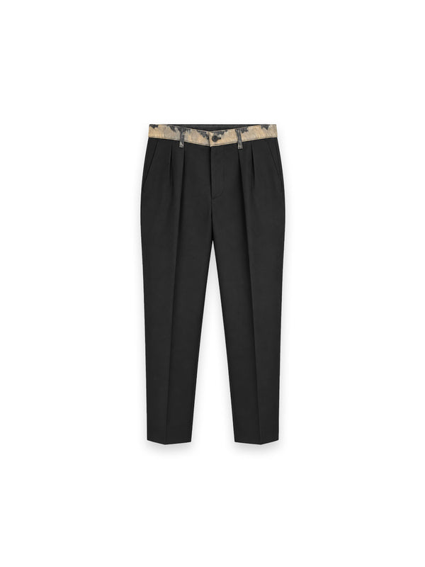 Tailored Pleated Trousers with Contrast Waistband – Black