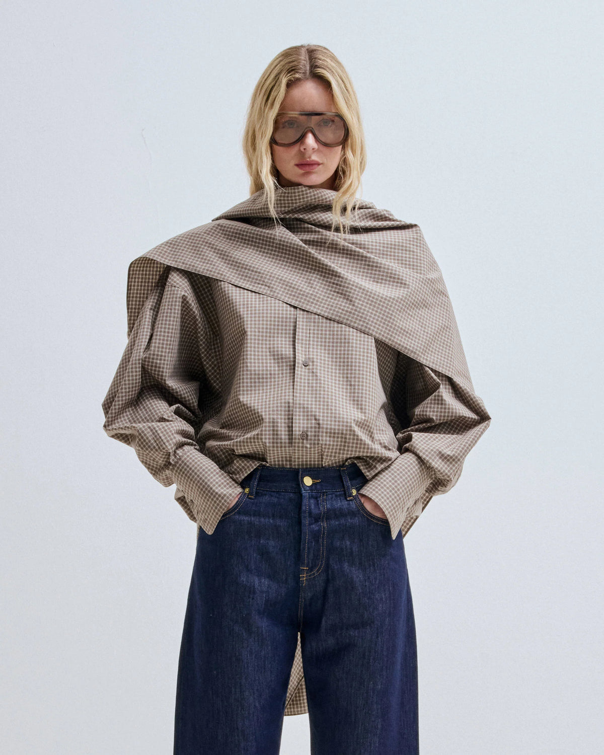 Georgia blouse – plaid pattern with sophisticated scarf detail
