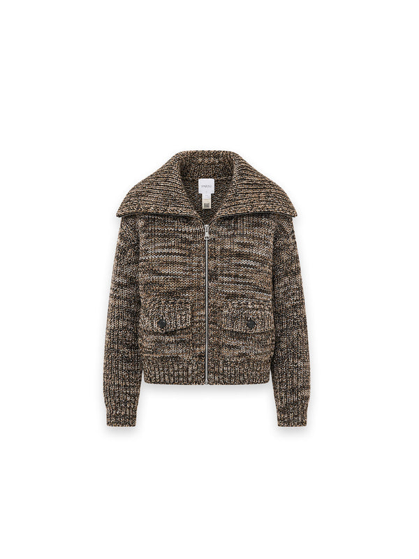 Zipped Rib Strickjacke mit großem Kragen
