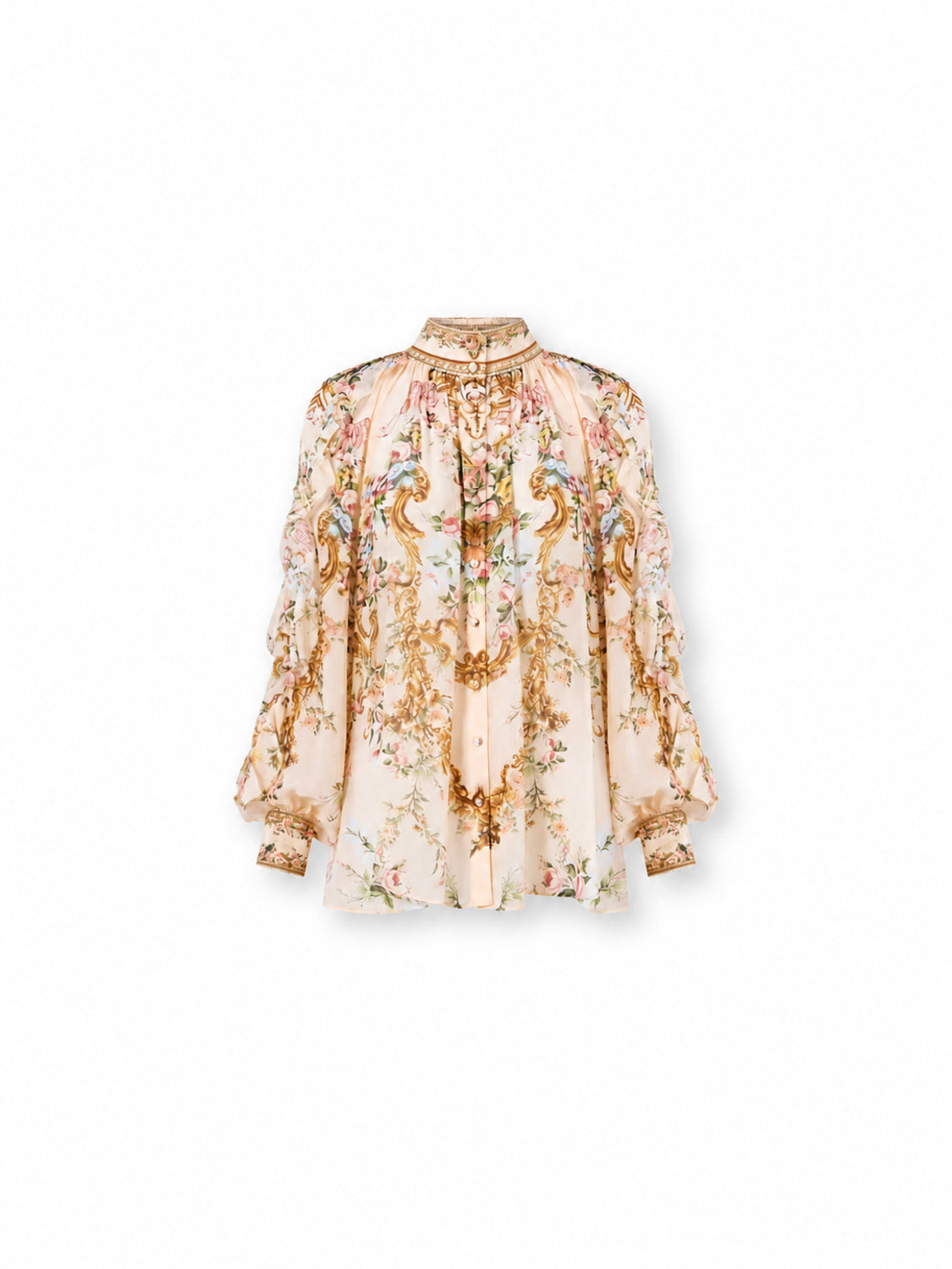 Camilla Seidenbluse mit Stehkragen, Rüschenärmeln und floralem Ornamentprint