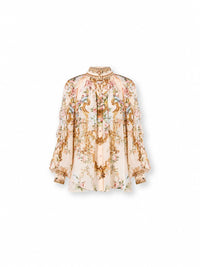 Camilla Seidenbluse mit Stehkragen, Rüschenärmeln und floralem Ornamentprint