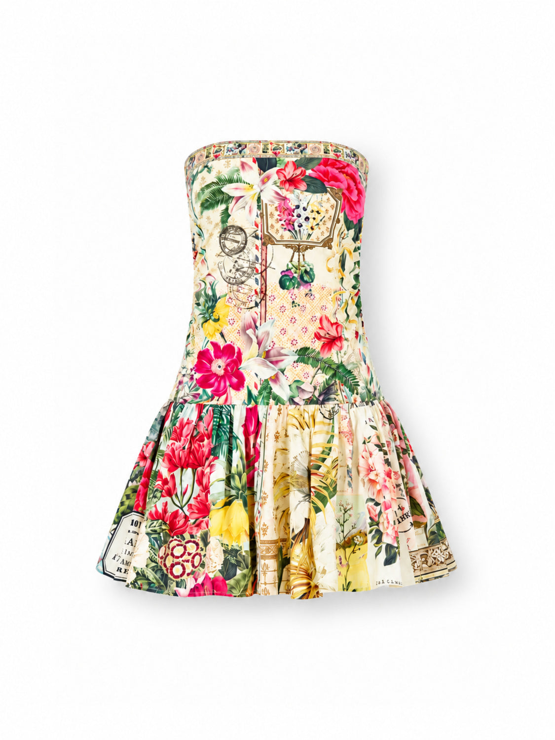 Camilla trägerloses Jersey-Minikleid mit Saumvolant und La Belle Botanique Print