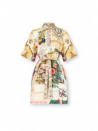 Camilla kurzes Leinen-Hemdkleid mit Bindegürtel und La Belle Botanique Print