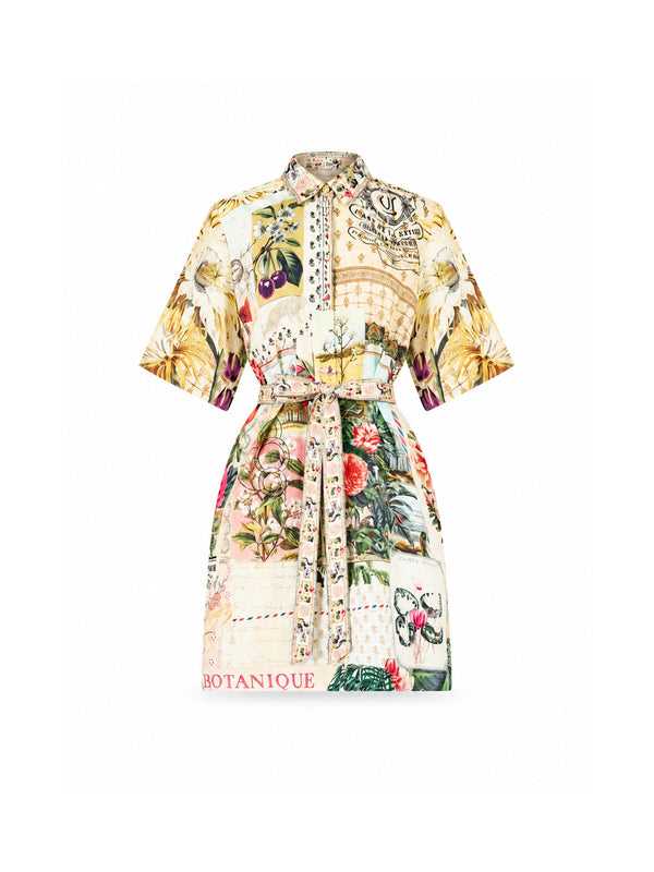 Camilla kurzes Leinen-Hemdkleid mit Bindegürtel und La Belle Botanique Print