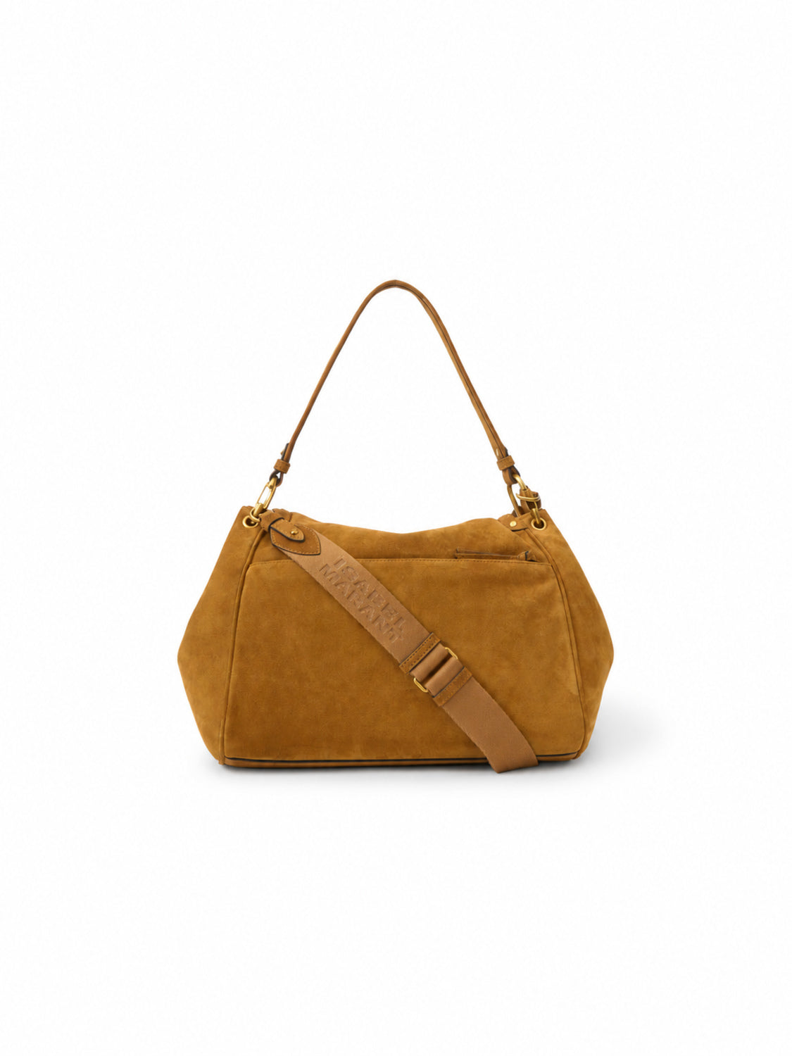 Isabel Marant Chany XL Schultertasche aus Veloursleder mit Nieten – Rückansicht mit Canvas-Schulterriemen