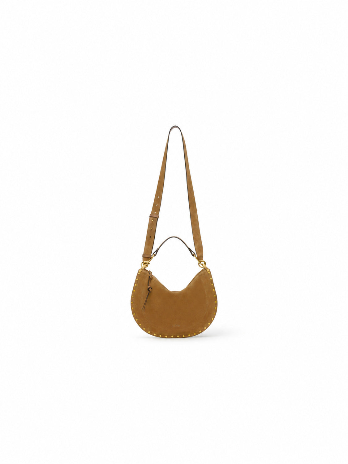 Isabel Marant Oskan Soft Zip Veloursledertasche mit Nieten – Ansicht mit Schulterriemen