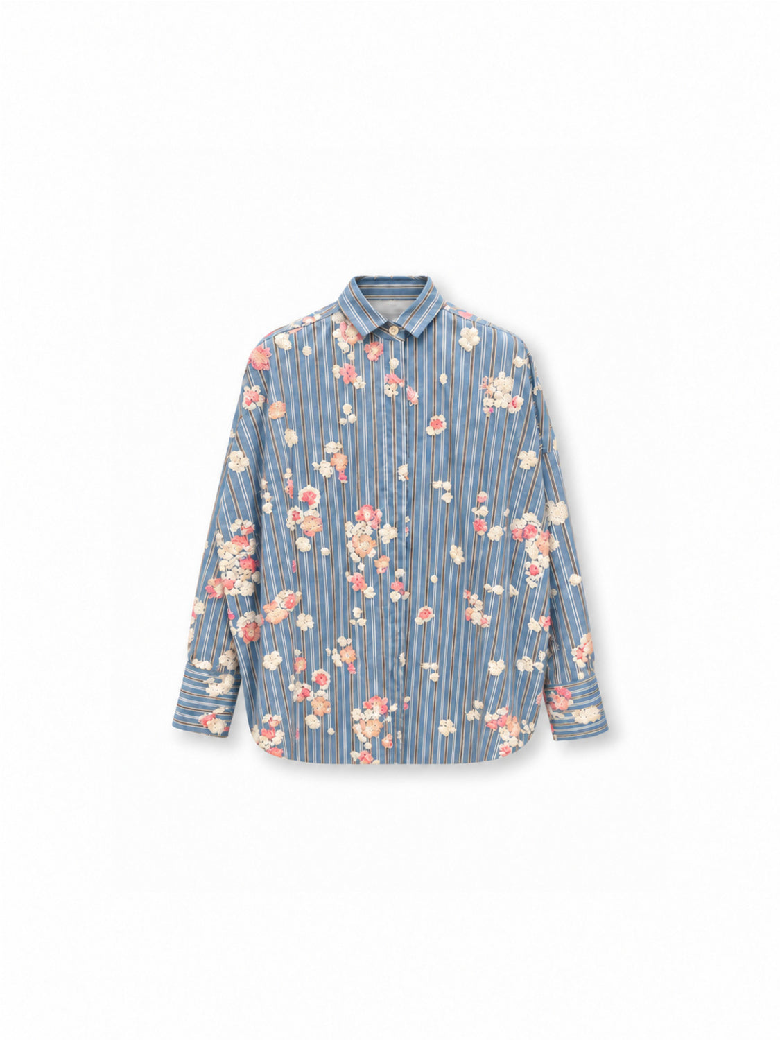 ODEEH gestreifte Hemdbluse mit floralen Verzierungen – Vorderansicht