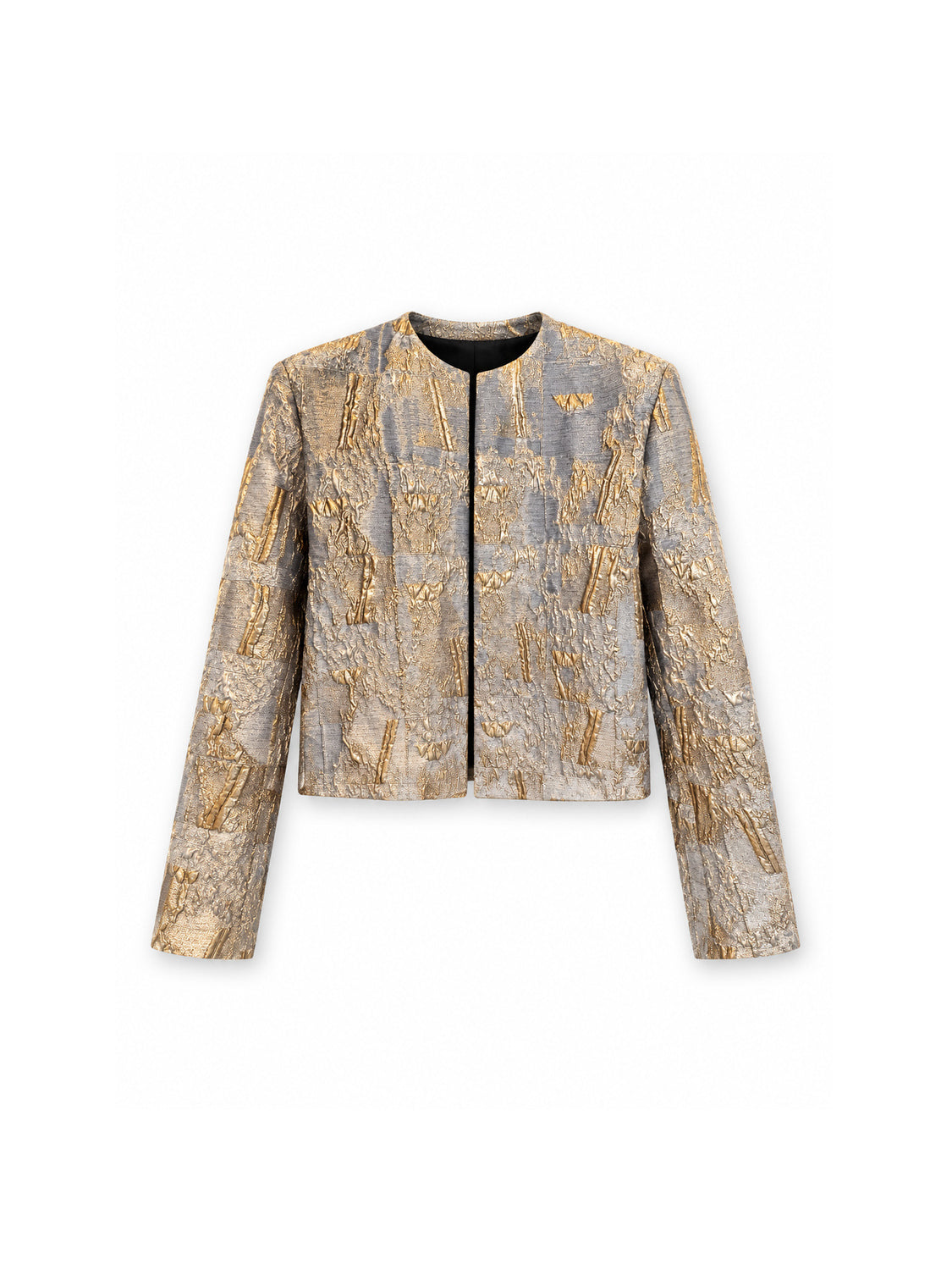 ODEEH kurze Jacquardjacke mit Metallic-Effekt und Rundhalsausschnitt – Vorderansicht