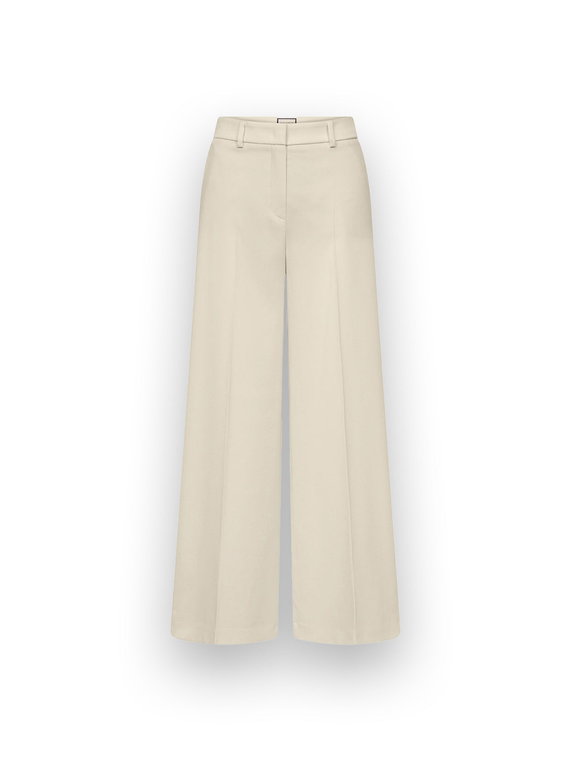 Die Shiloh Hose mit weitem Bein von Seductive hat eine hohe Taille, einen beigen Farbton, Gürtelschlaufen, Falten auf der Vorderseite und eine taillierte Passform, die vor einem einfarbig weißen Hintergrund gezeigt wird.