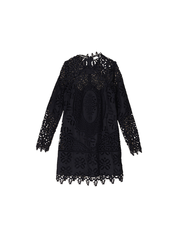 Eleni - Patchwork Minikleid mit floralem Lochmuster