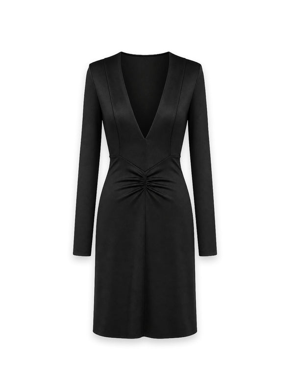 Long Sleeve V-Neck – Knielanges Kleid mit dekorativer Raffung