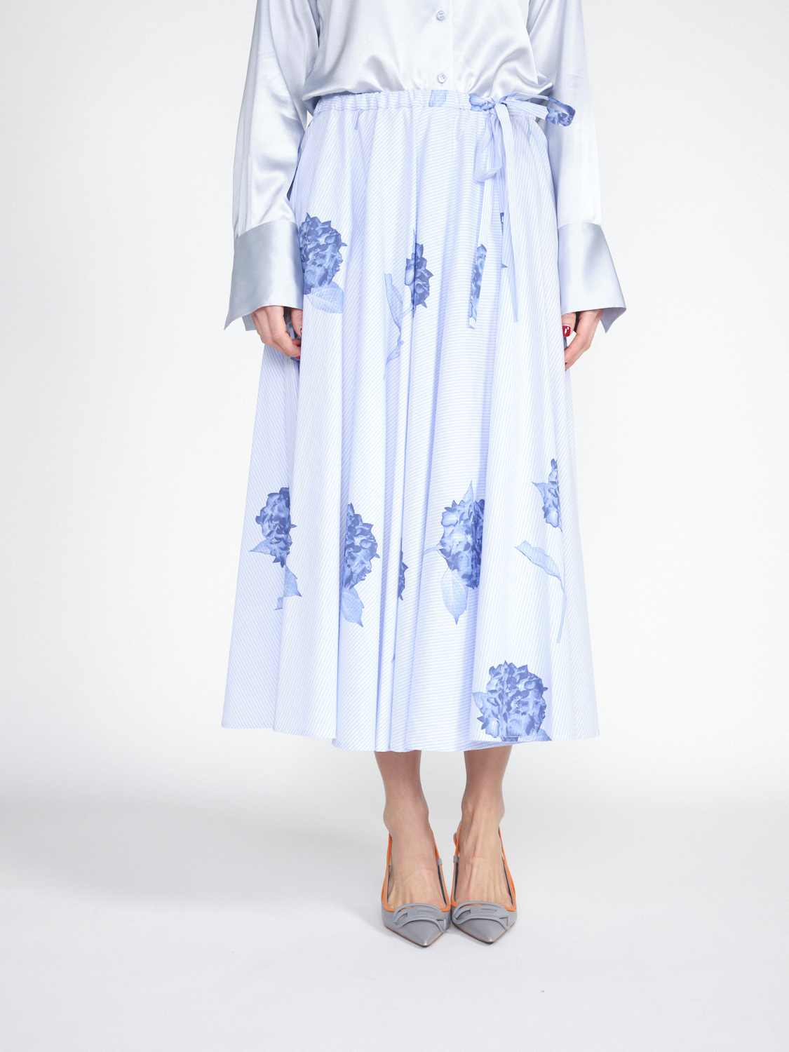 Odeeh Falda circular de algodón a rayas con estampado floral  azul 38