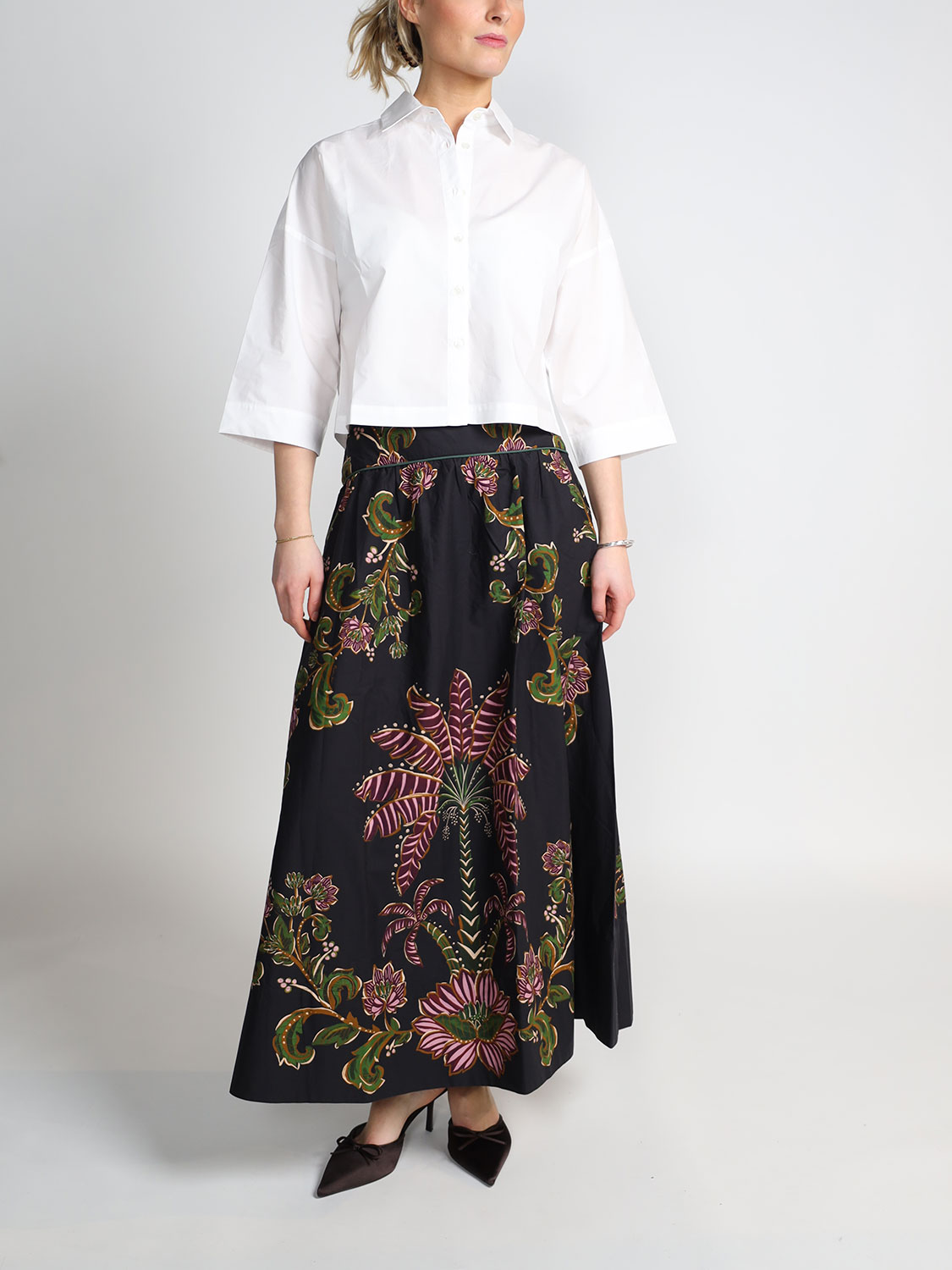 Farm Rio Ravenala midi skirt with botanical print  black XS