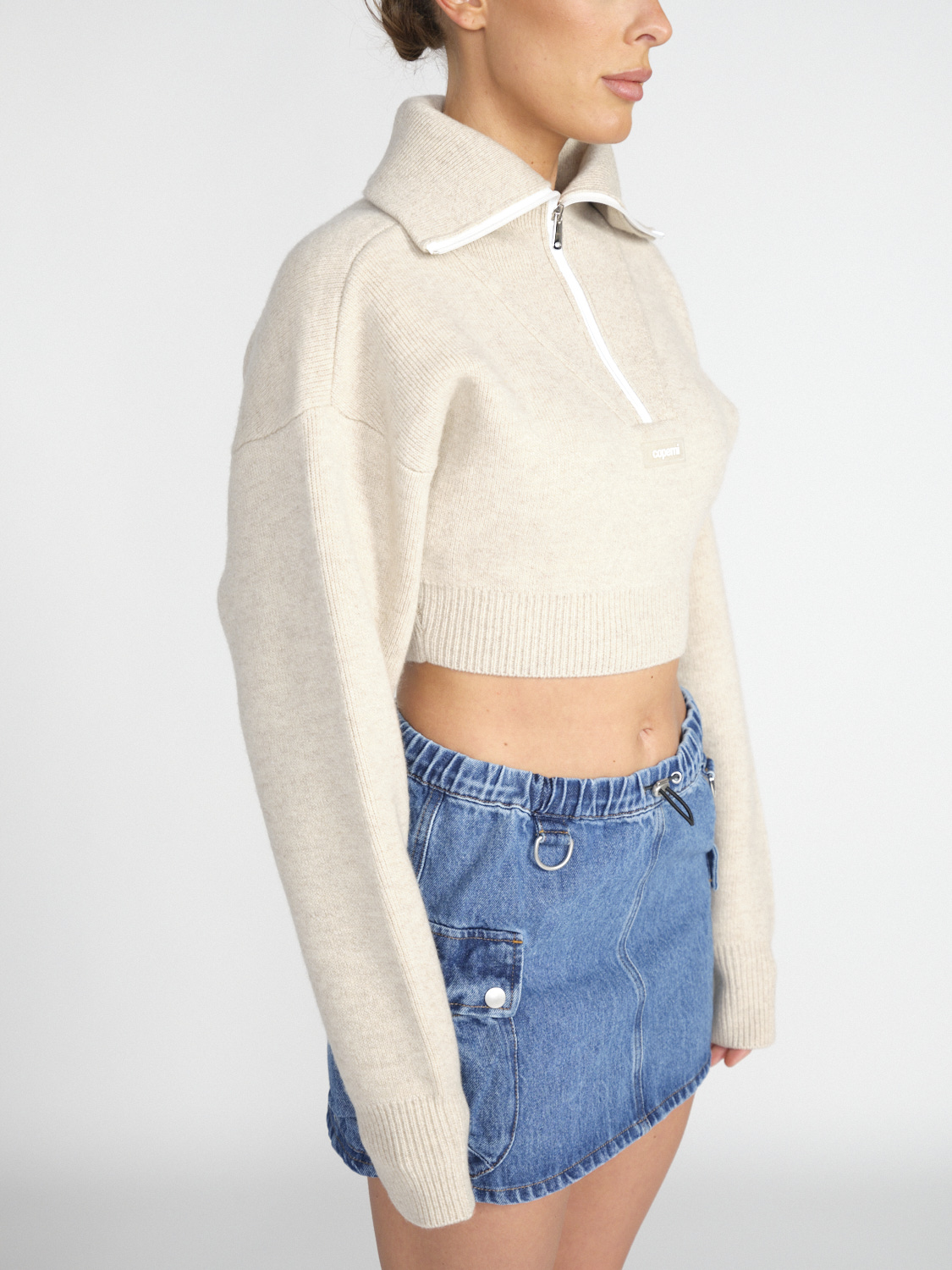 Coperni Half-Zip Sweater – Cropped Pullover aus Schurwolle  beige XS