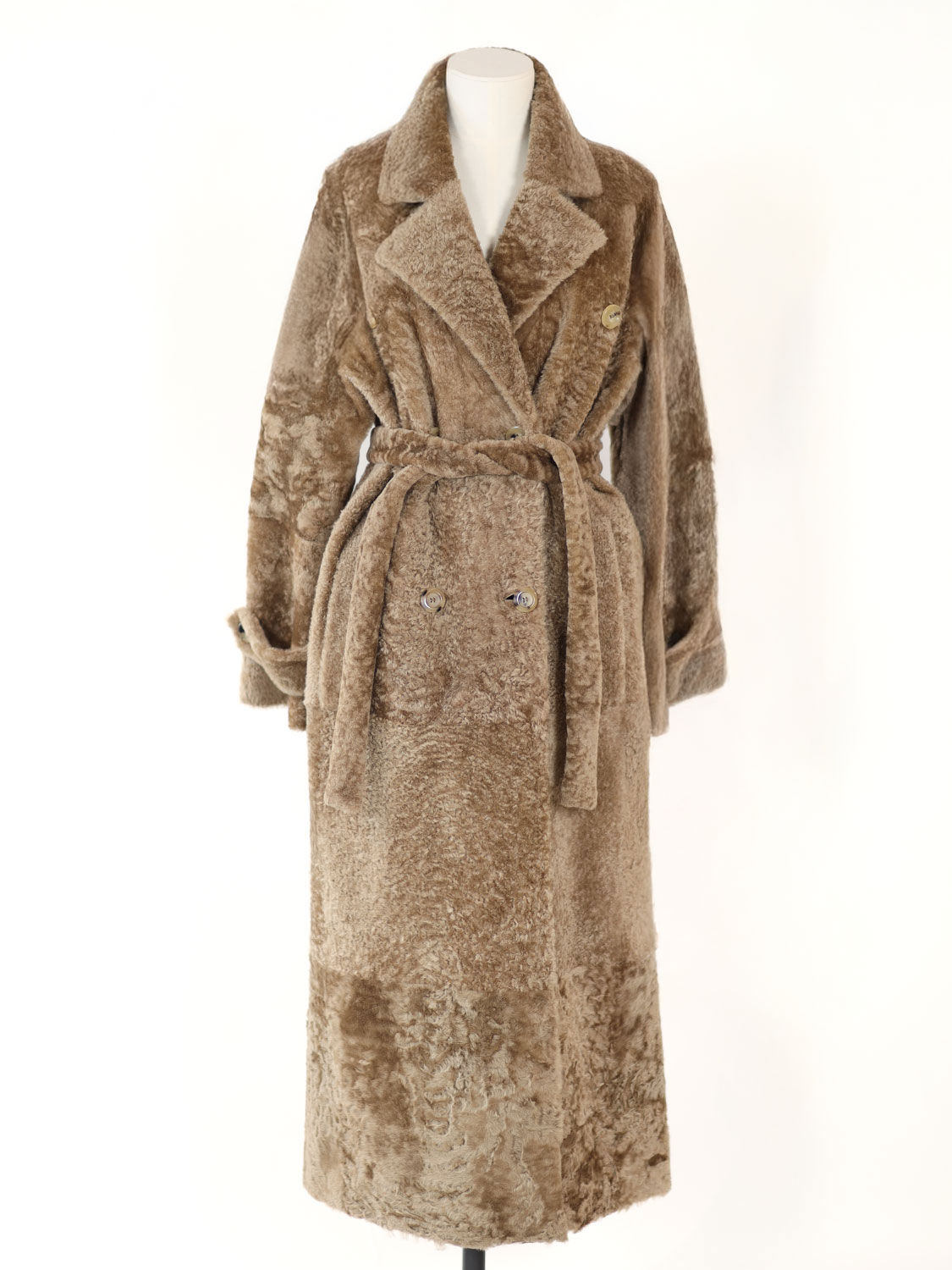 Blancha Light Astrakhan – Long reversible coat with tie belt beige 34