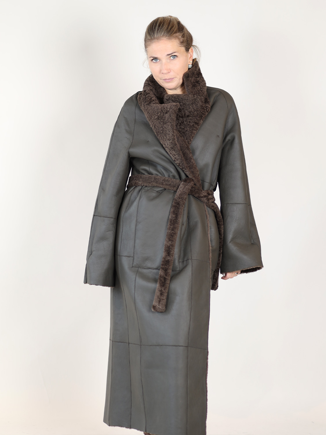 Blancha Light Astrakhan – Long reversible coat with tie belt brown 34