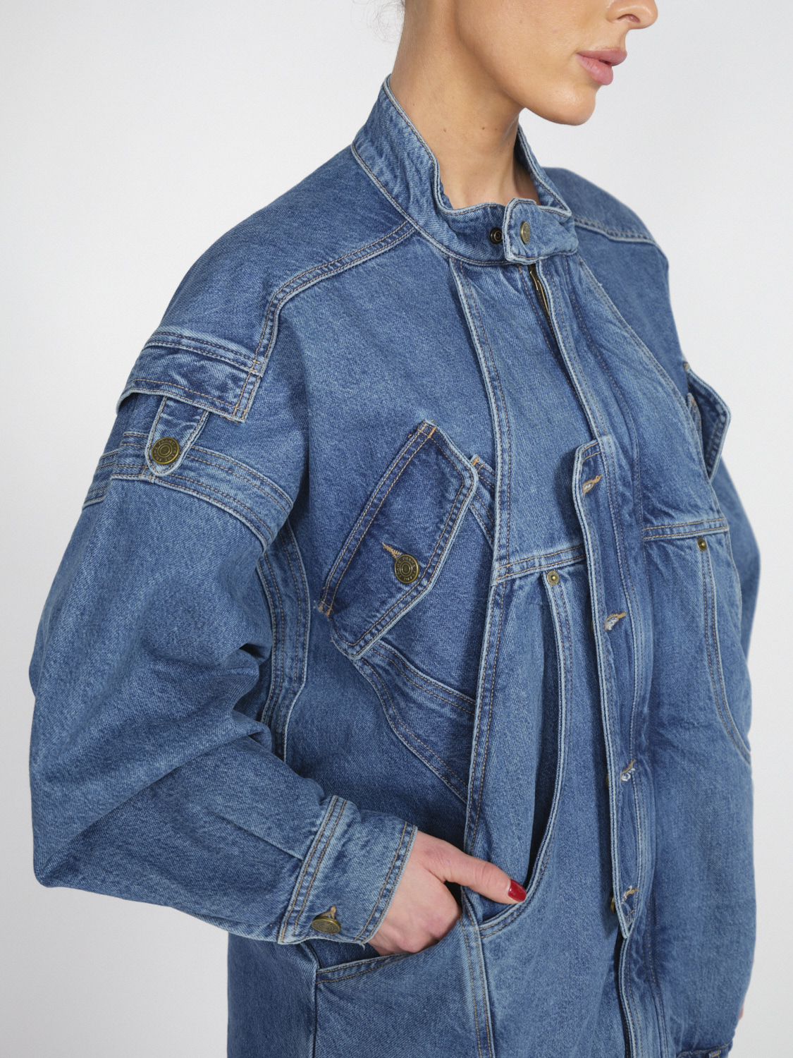 Frame The Mac – Oversized Jeansjacke mit Layer-Effekten und Gürtel blau XS