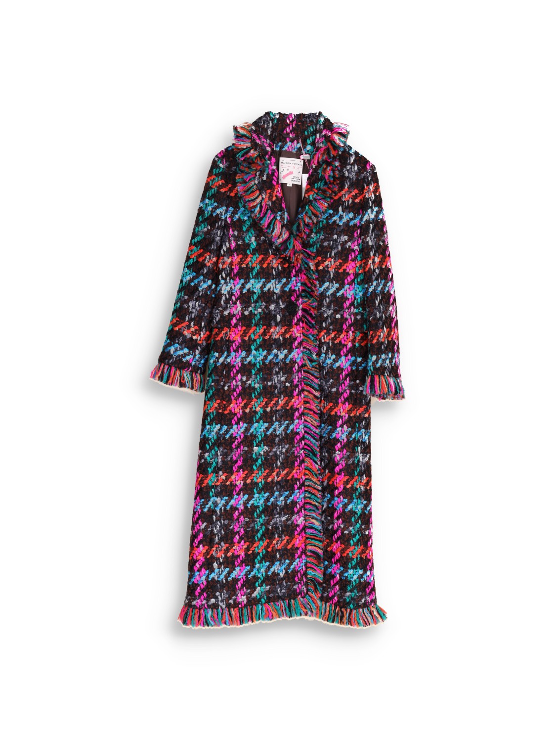 Coat with multicolor pattern and fringes 
