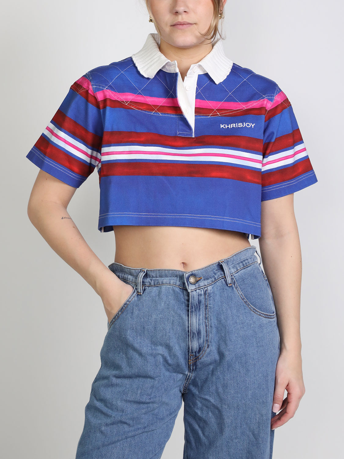 khrisjoy Iris Rugby Crop Polo - Polo shirt with stripe design   multi S