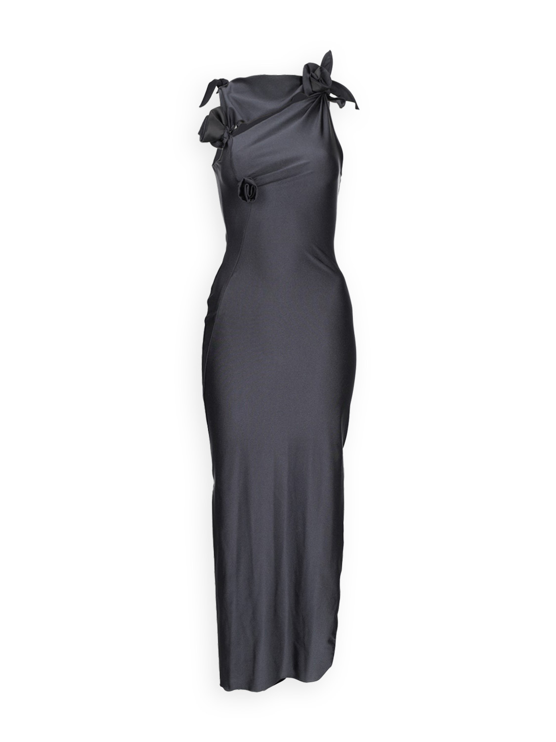 Stretchy jersey maxi dress with cut-out and rose pattern 