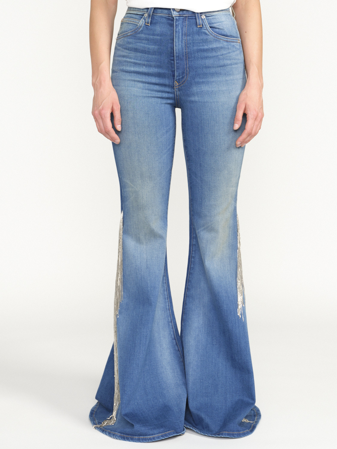 Cout De La Liberte Heidi - Low-waist Jeans-Schlaghose mit Glitzer Fransen-Details blau 25