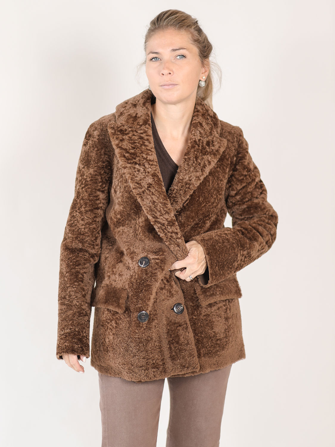Blancha Light Astrakhan – Double-breasted fur coat brown 38
