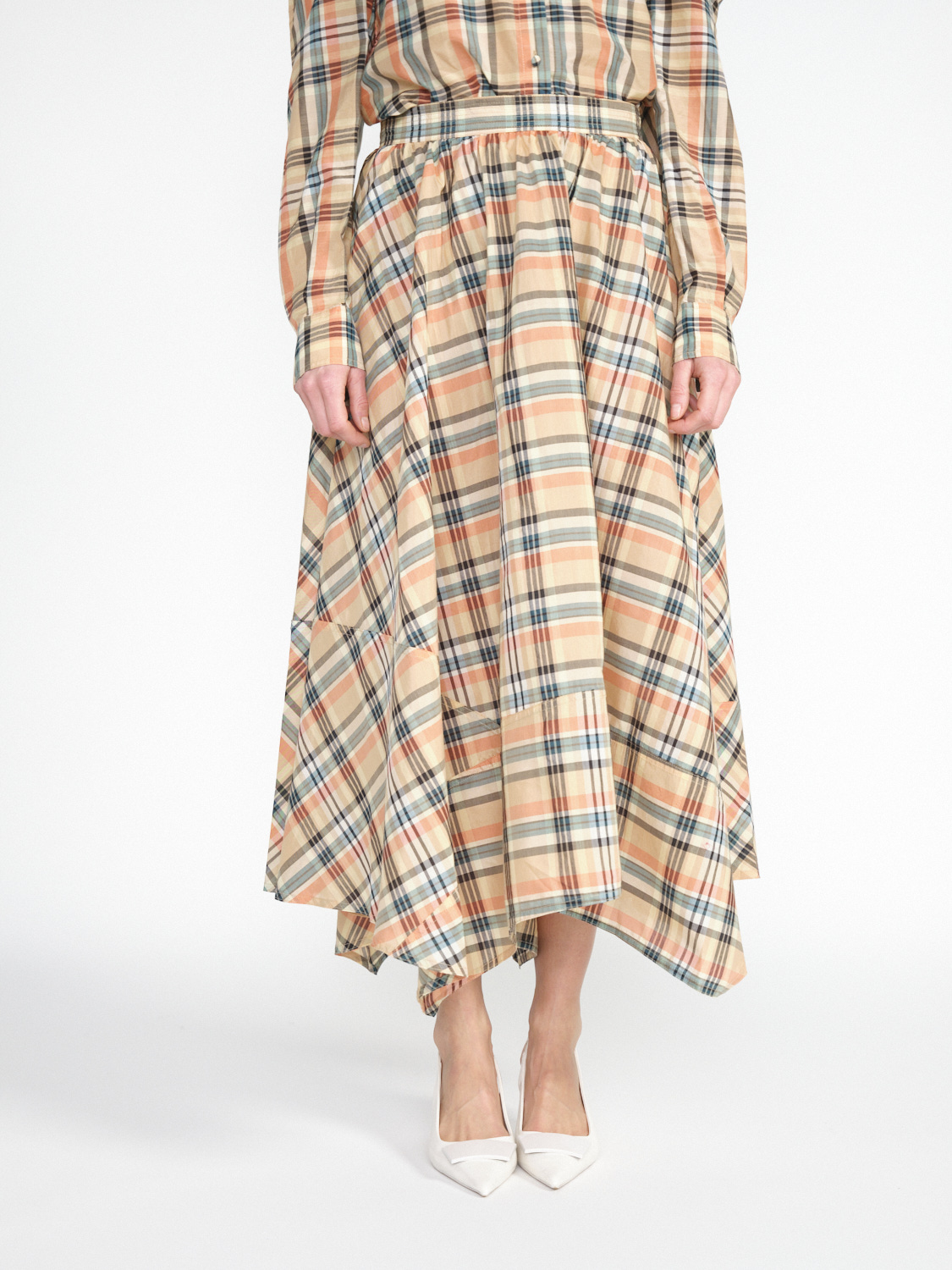  Anette Skirt - Checked maxi skirt in silk-cotton blend