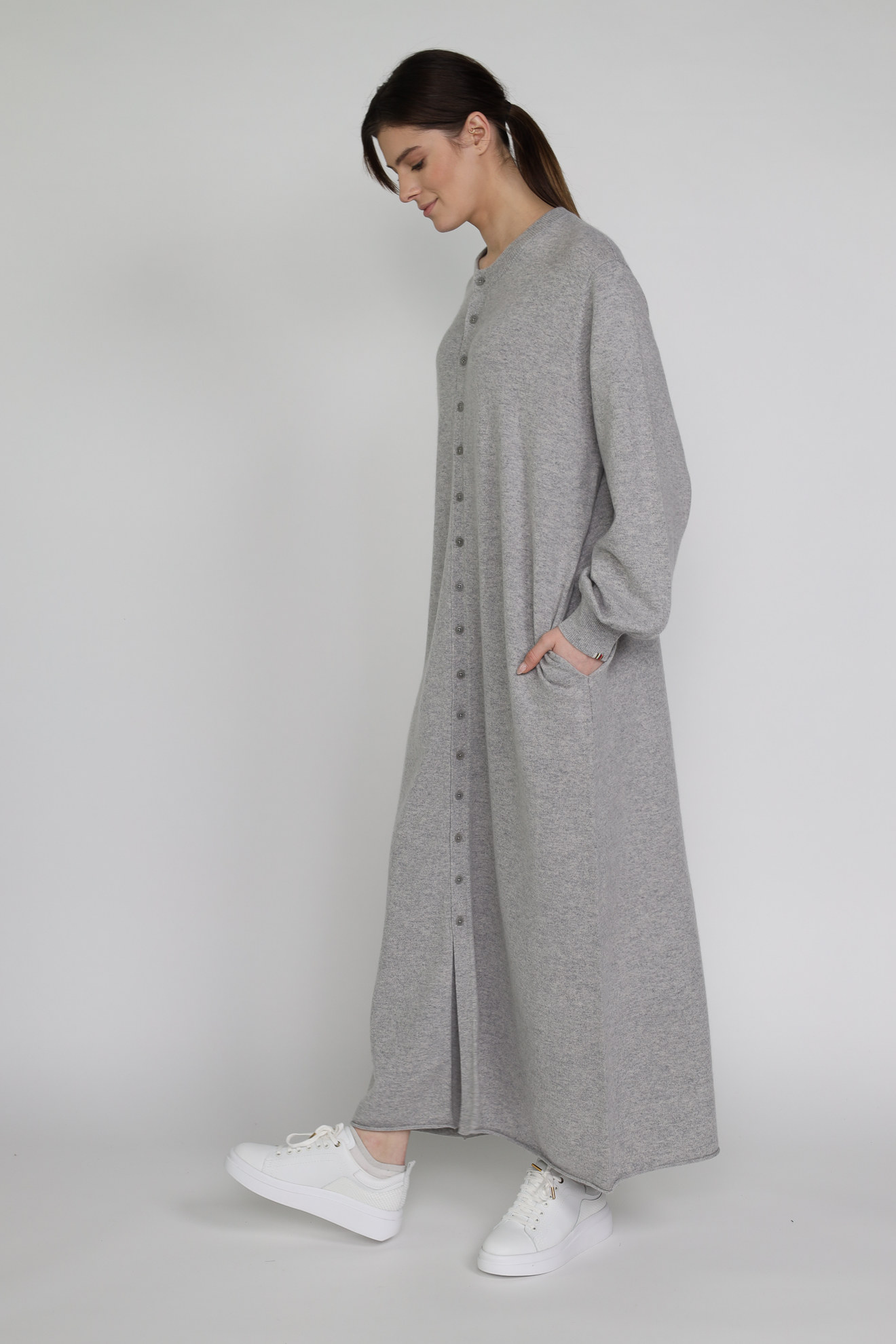 Extreme Cashmere n° 281 Santa - Knitted dress with button placket in cashmere grey One Size