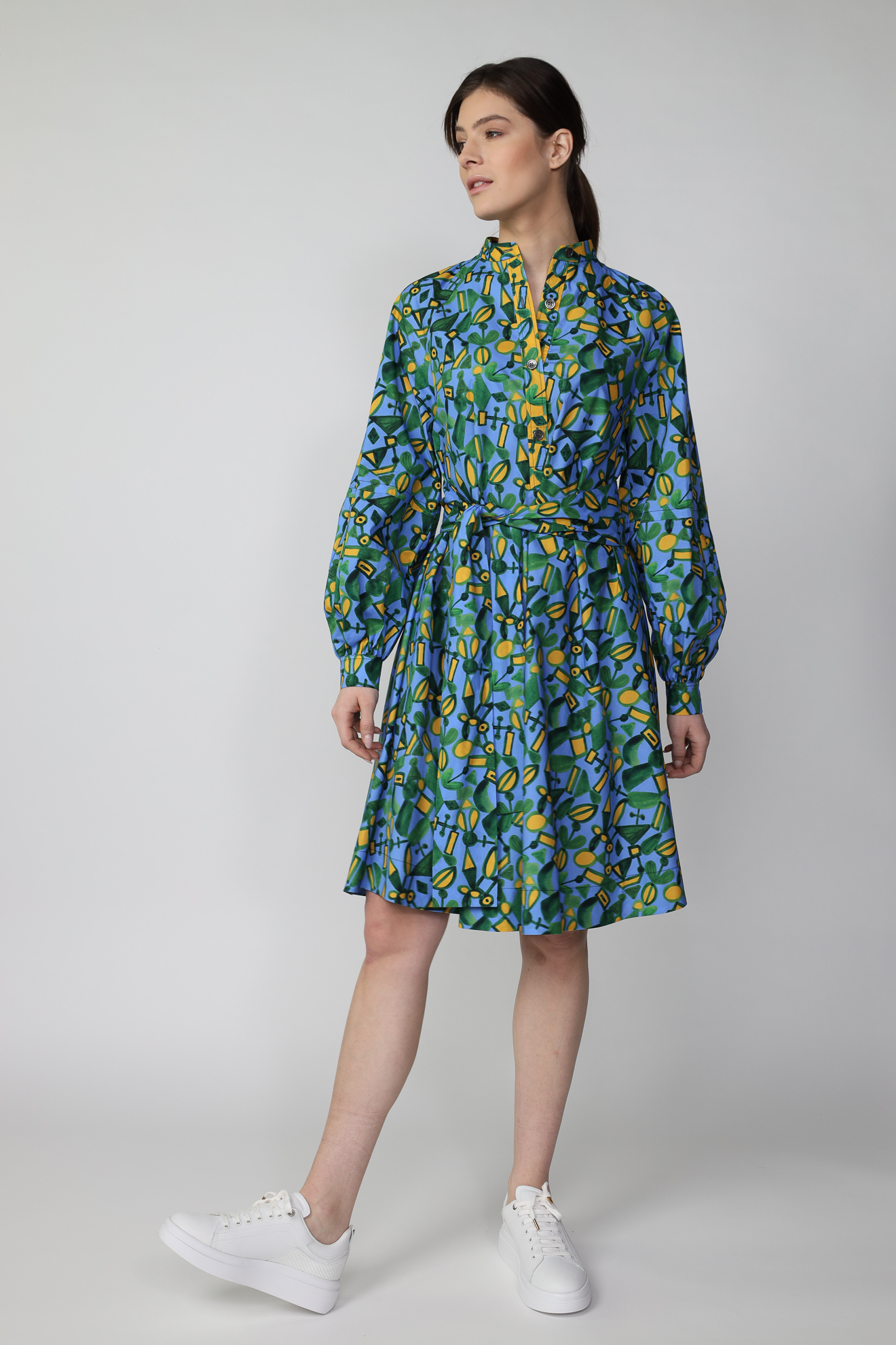 Odeeh Graphic pattern print midi dress with balloon sleeves blue 38