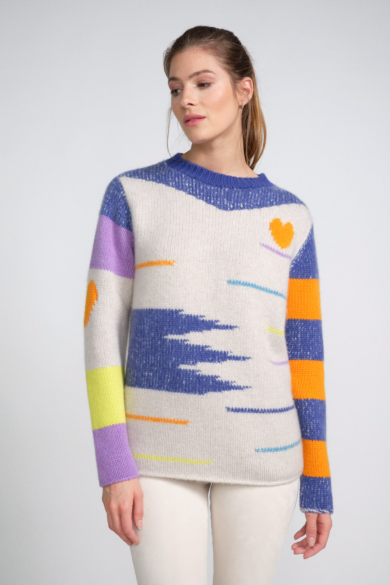 the elder statesman sweater white blue orange yellow details cashmere model front