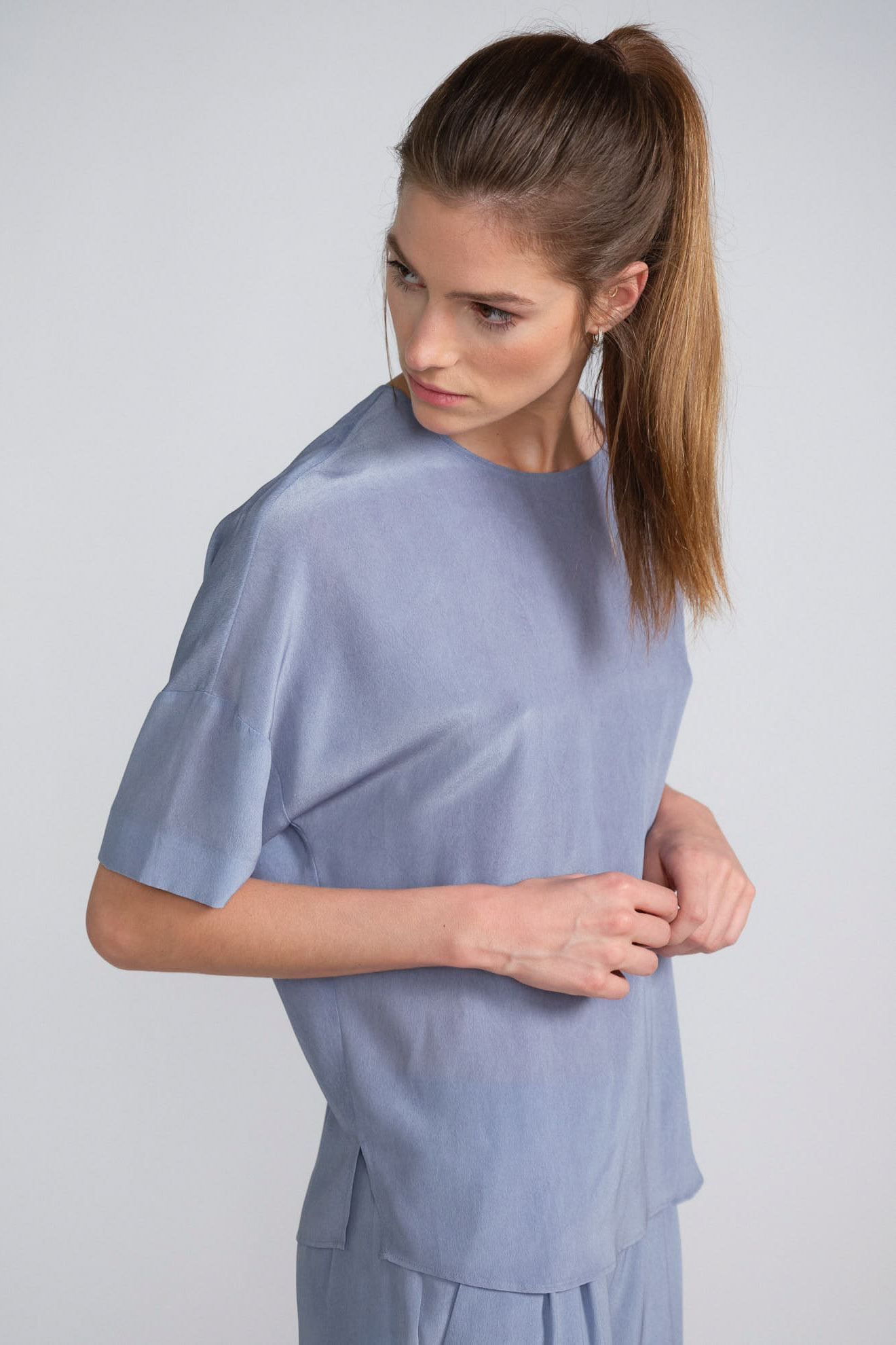 iris von Arnim blouse blue plain silk model side