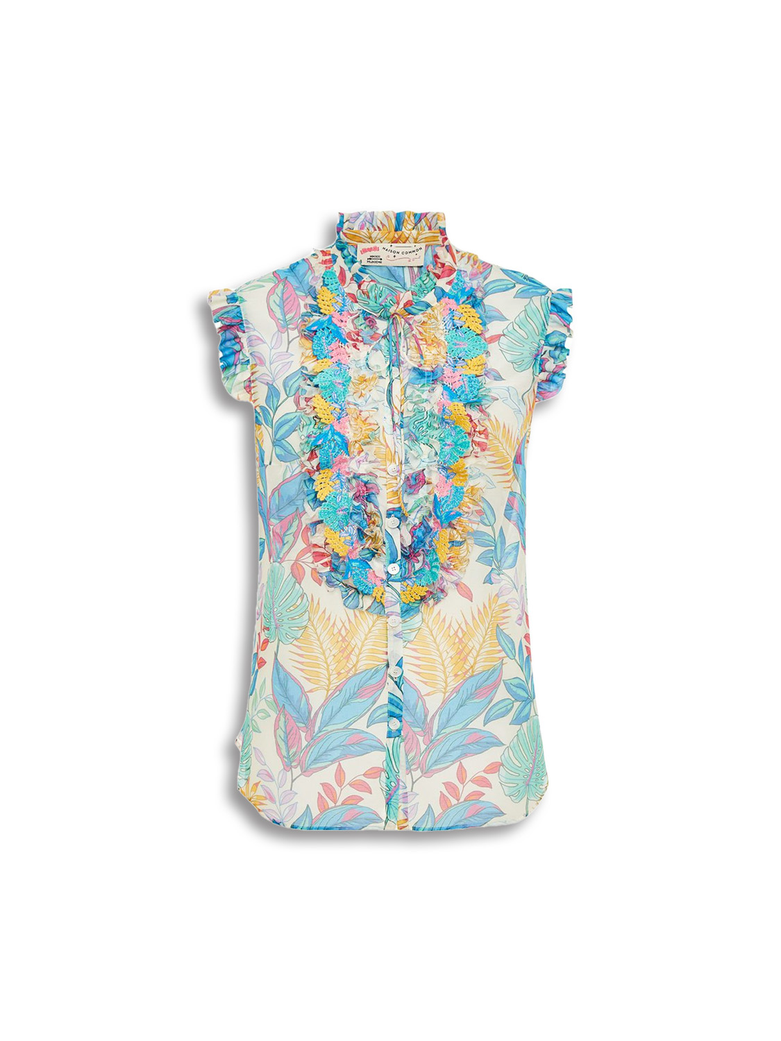 Sleeveless Tropical Top with Ruffle Details - Blouse with colorful pattern print