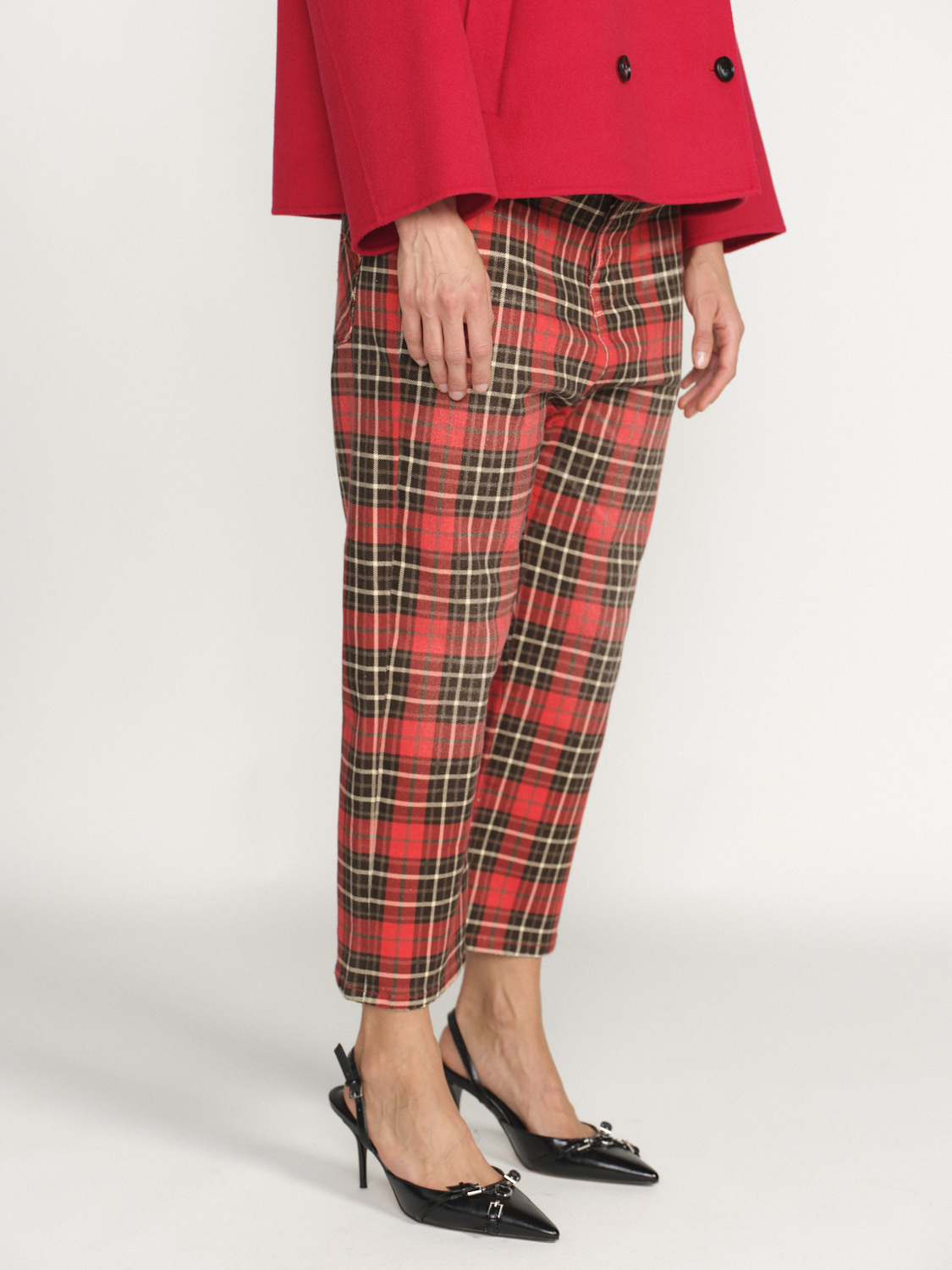 R13 Tailored - Cropped length plaid cotton denim pants red 26