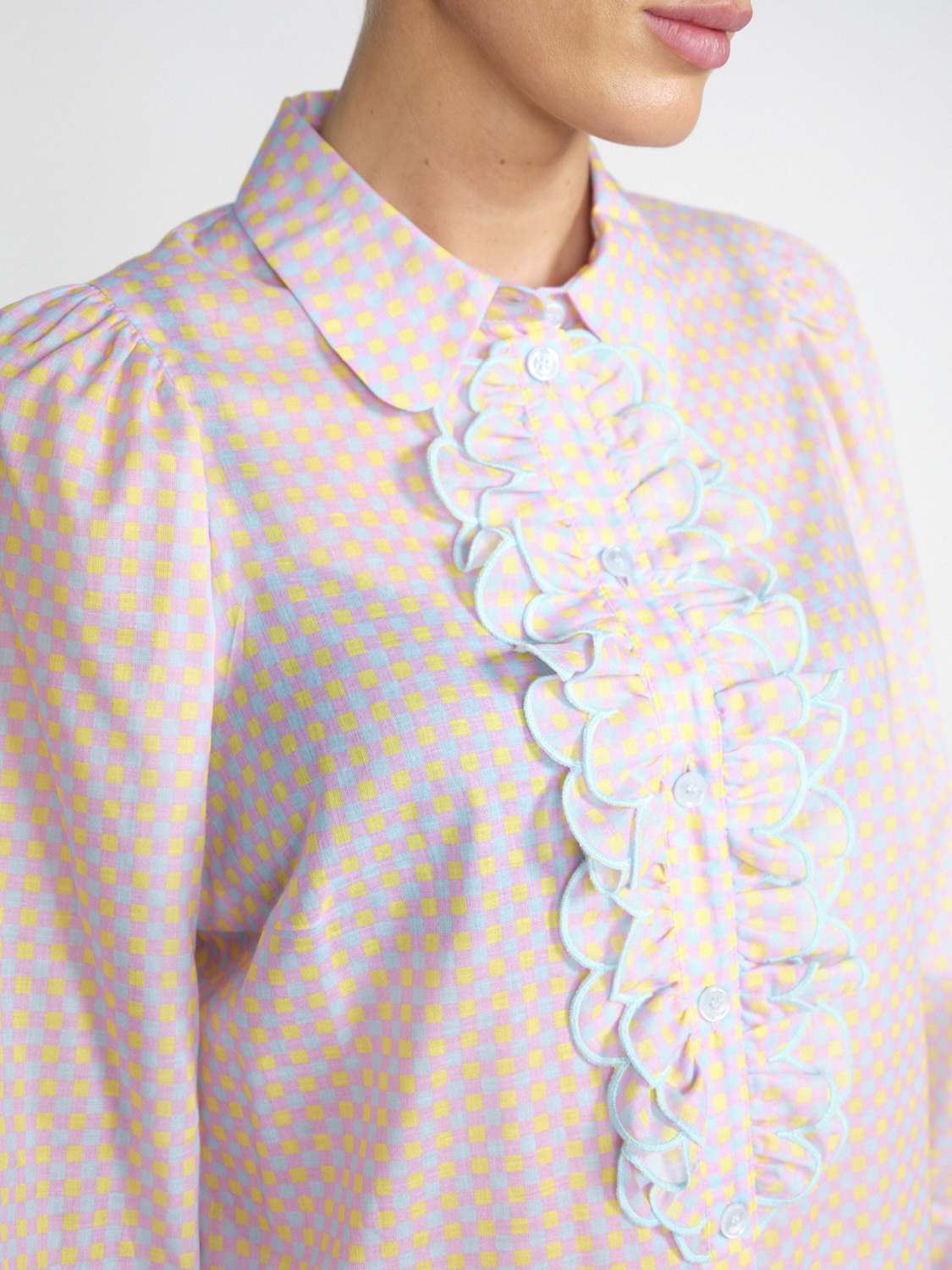 Maison Common Baumwoll-Bluse mit Schachbrett-Muster und Rüschen-Detail	  multi 40