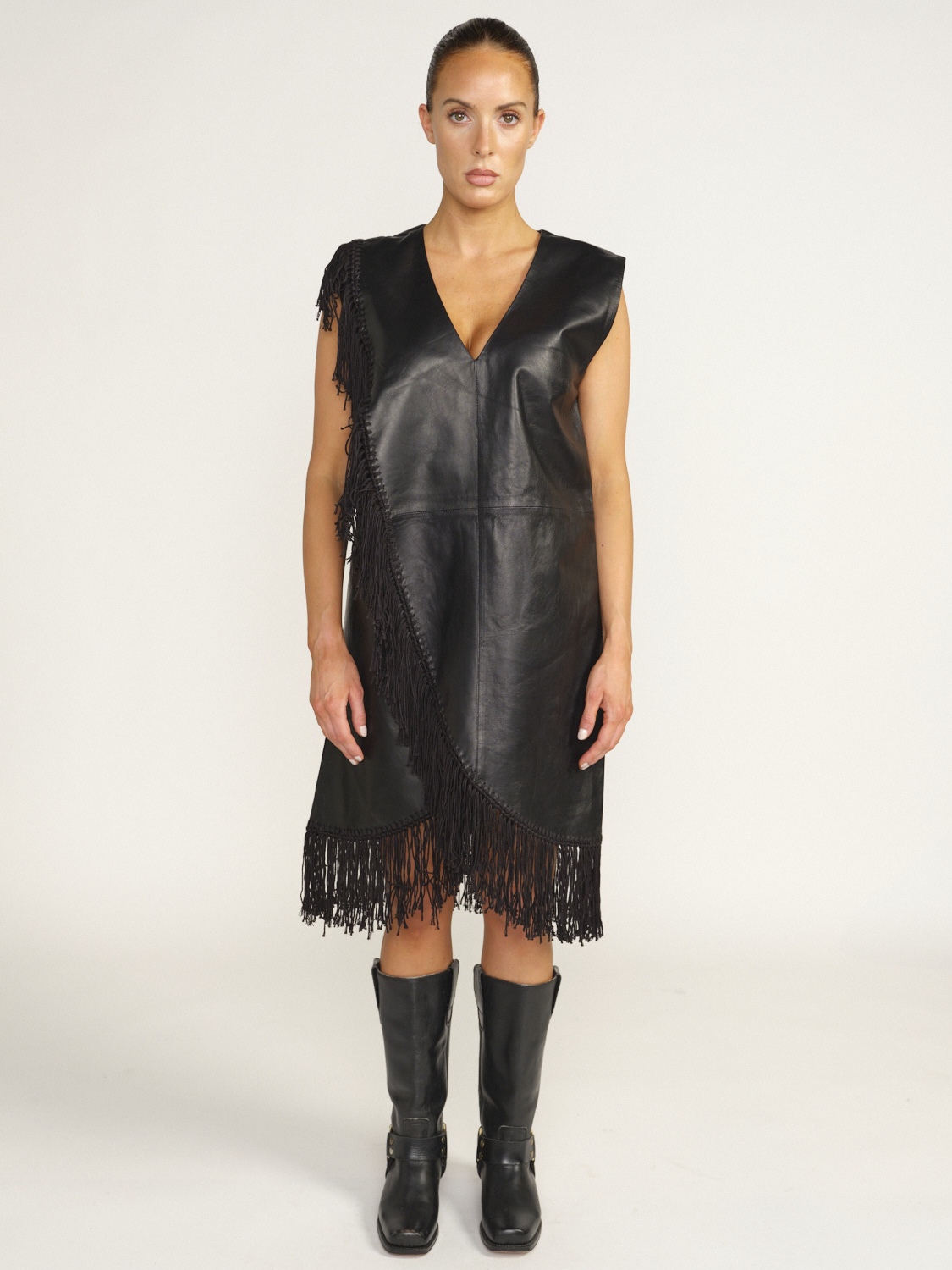 Korallie mini dress - leather dress with leather fringe details