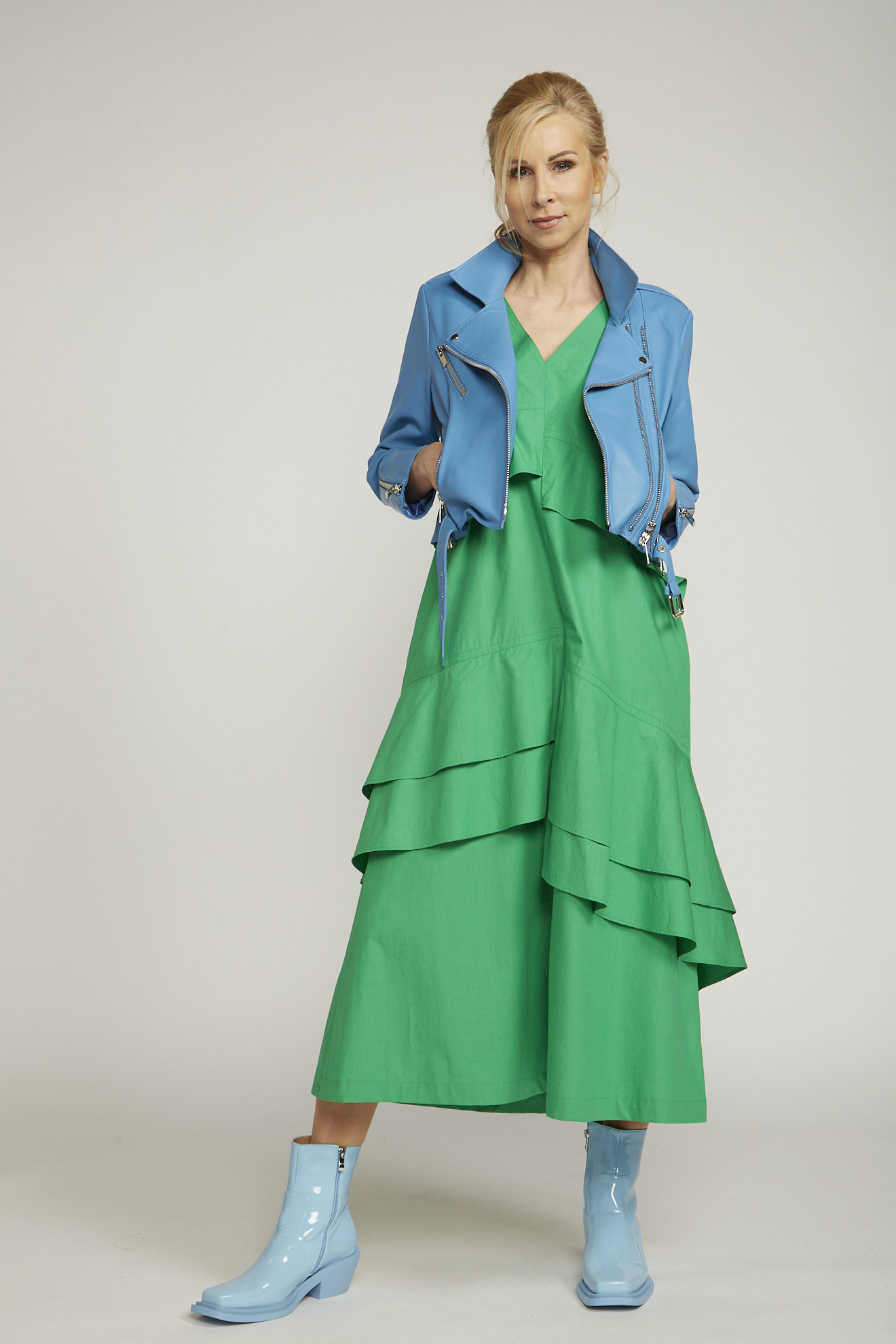 odeeh dress green ruffled mix model front