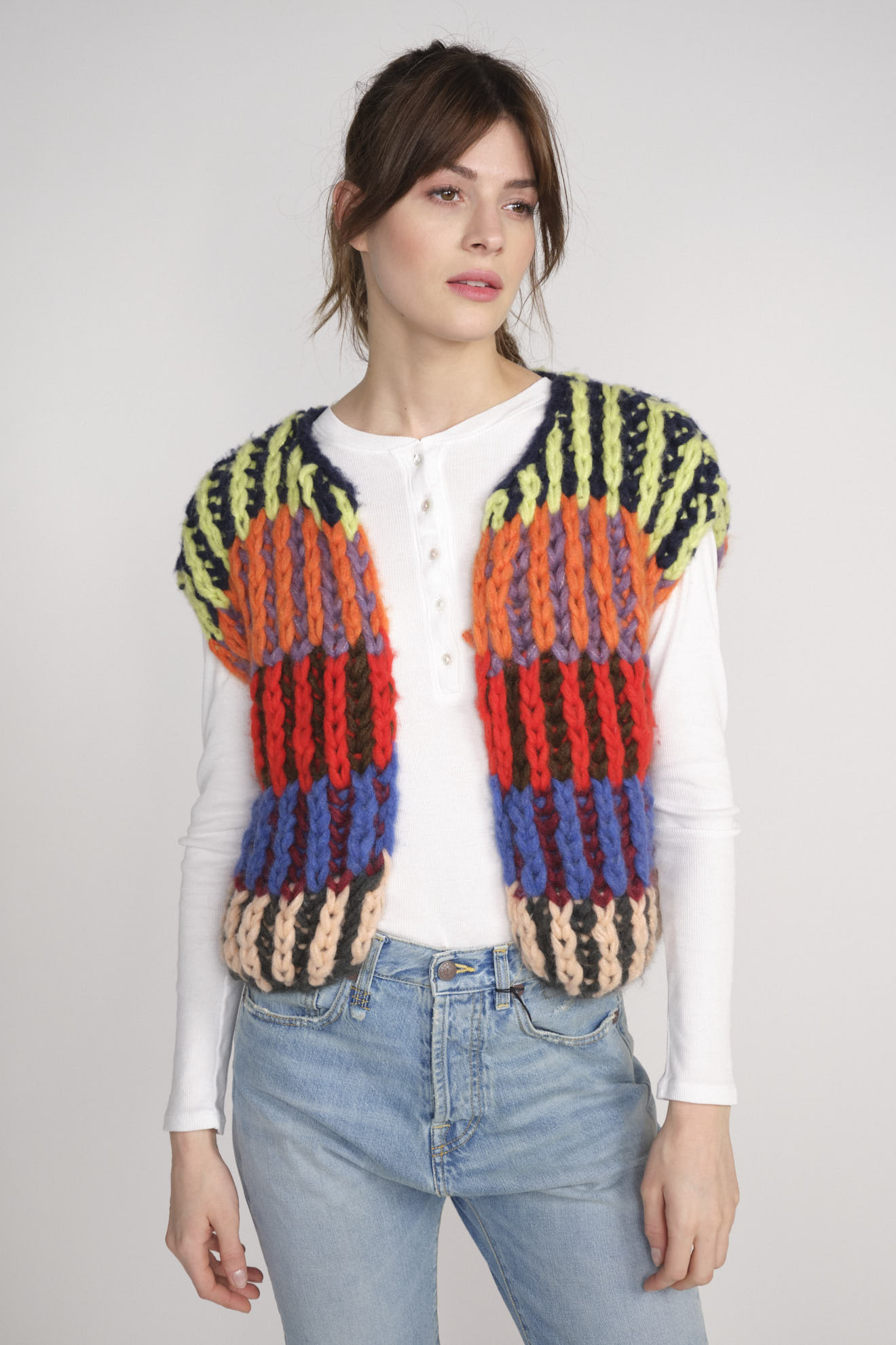 Maiami Cashmere Chunky vest - Colourful chunky knit cardigan in cashmere multi S/M